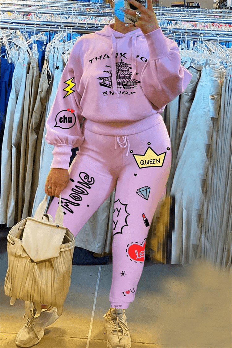 Fashion Casual Hoodie Cartoon Print Two Pieces - Shop Trendy Women's Clothing | LoverChic