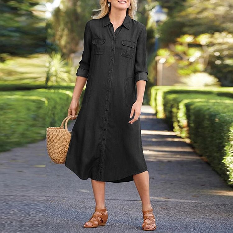 Comstylish Solid Color Casual Pocket Denim Midi Dress