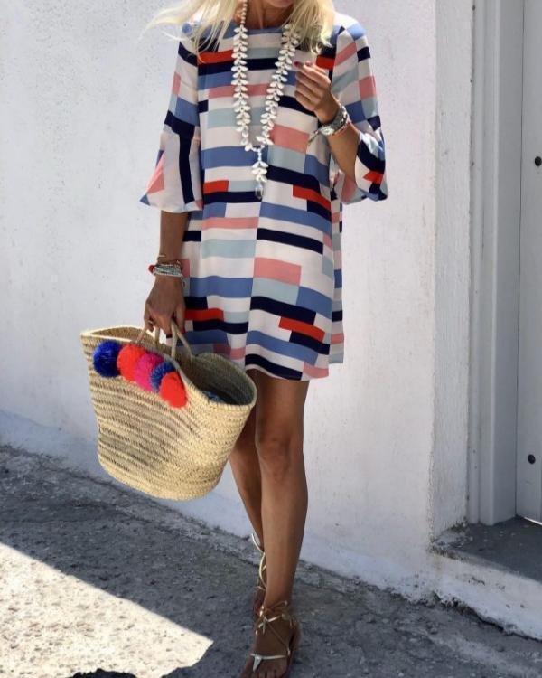 elegant round neck short sleeve stitching casual mini dress p119380