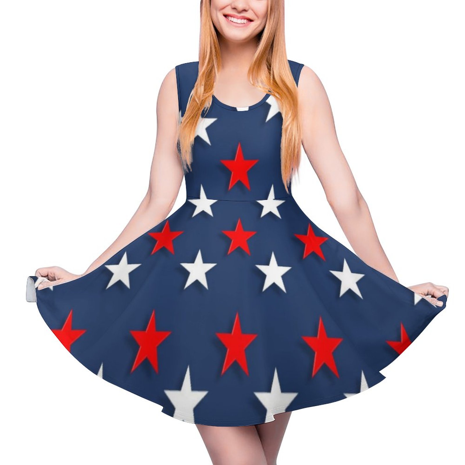 Stars Red White Blue Patriotic 4Th July Crewneck A-line Skater Dress White & Blue-3XL Stars Red White Blue Patriotic 4Th July Crewneck A-line Skater Dress White & Blue-3XL