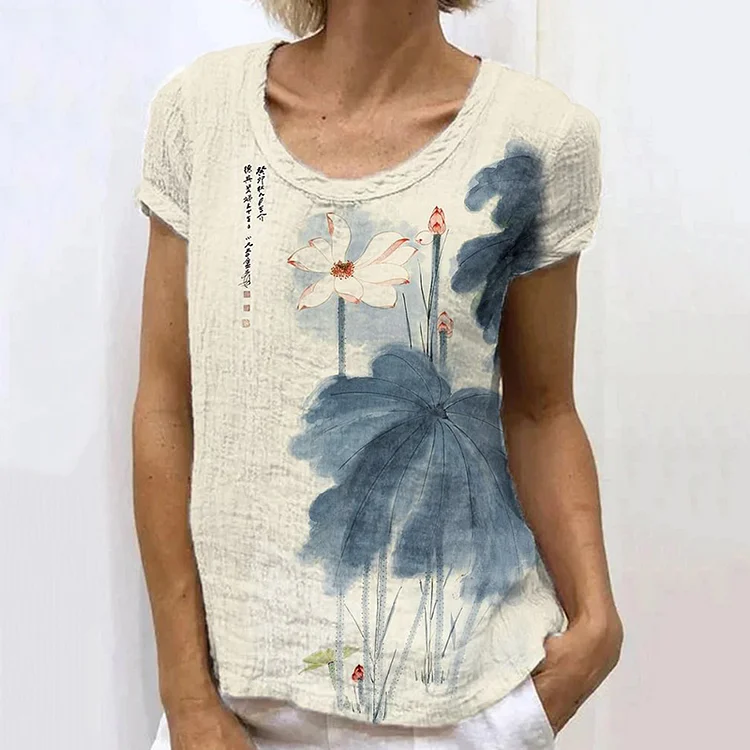 Comstylish Japanese Retro Orchid Ink Wash Painting Art Linen Casual T-Shirt