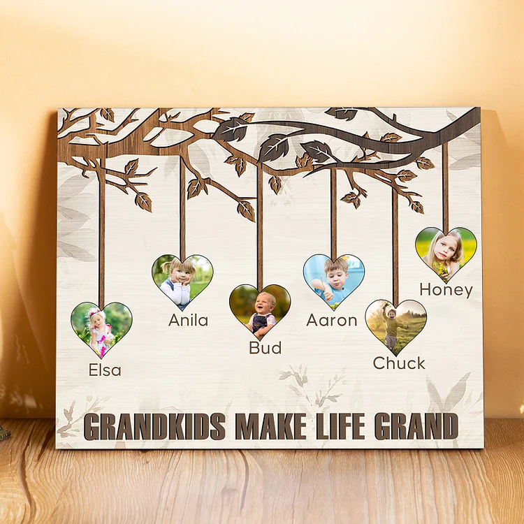 Personalized Family Tree Wall Art Frame Custom 6 Names 6 Photos Wood Panel Painting Wooden Gift for Family 