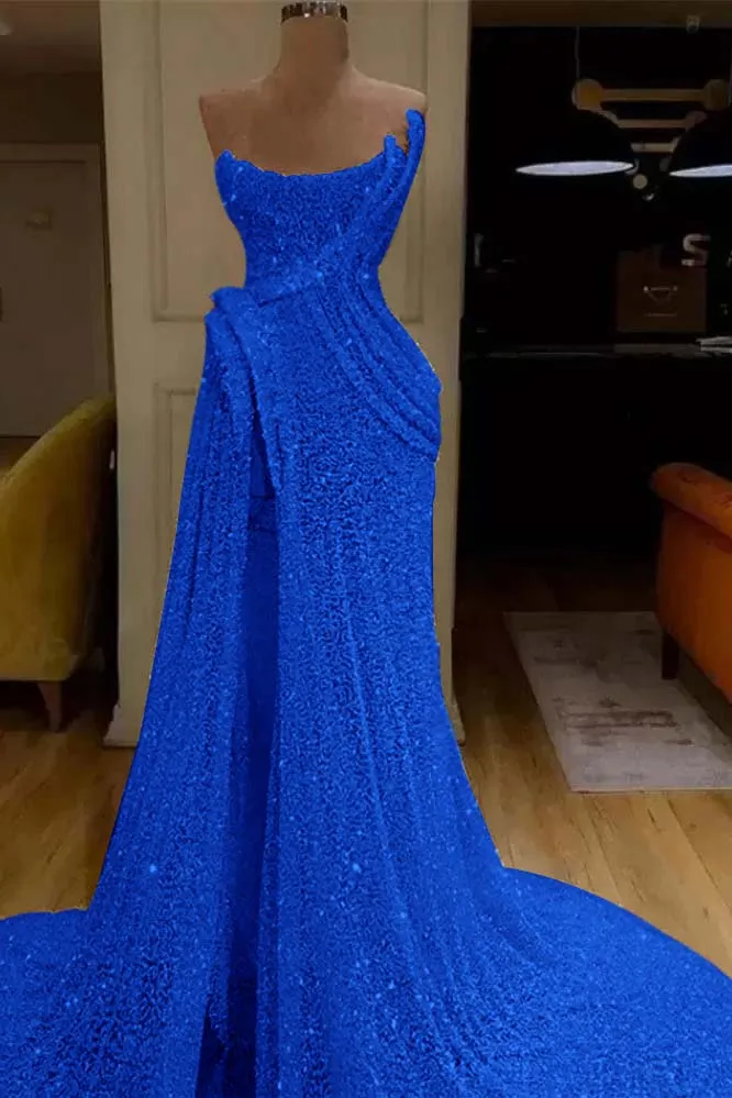 Daisda Mermaid Strapless Long Prom Dress Slit With Sequins