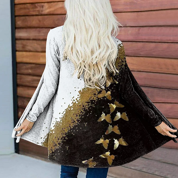 Vefave Colorblock Butterfly Print Cardigan