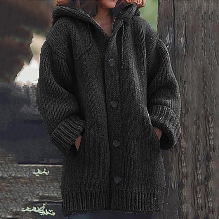 VChics Casual Solid Color Pocket Buttoned Hooded Cardigan