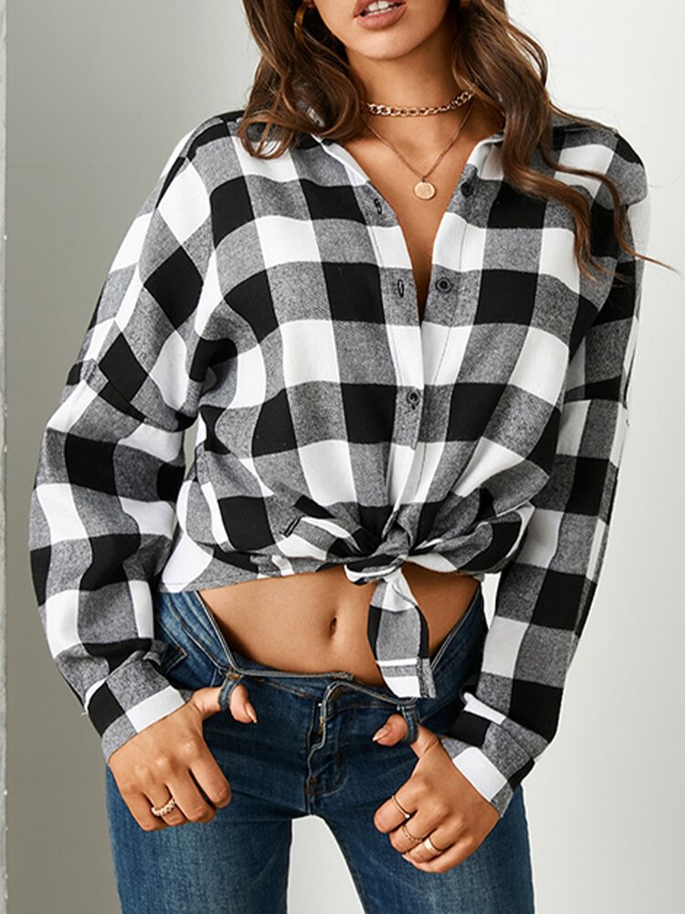 Women Plaid Print Lapel Long Sleeve Loose Casual Blouse P1774783