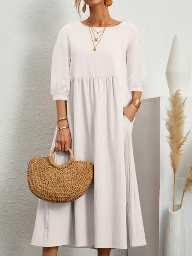 Comstylish Solid Color Lantern Sleeve Pocket Midi Dress