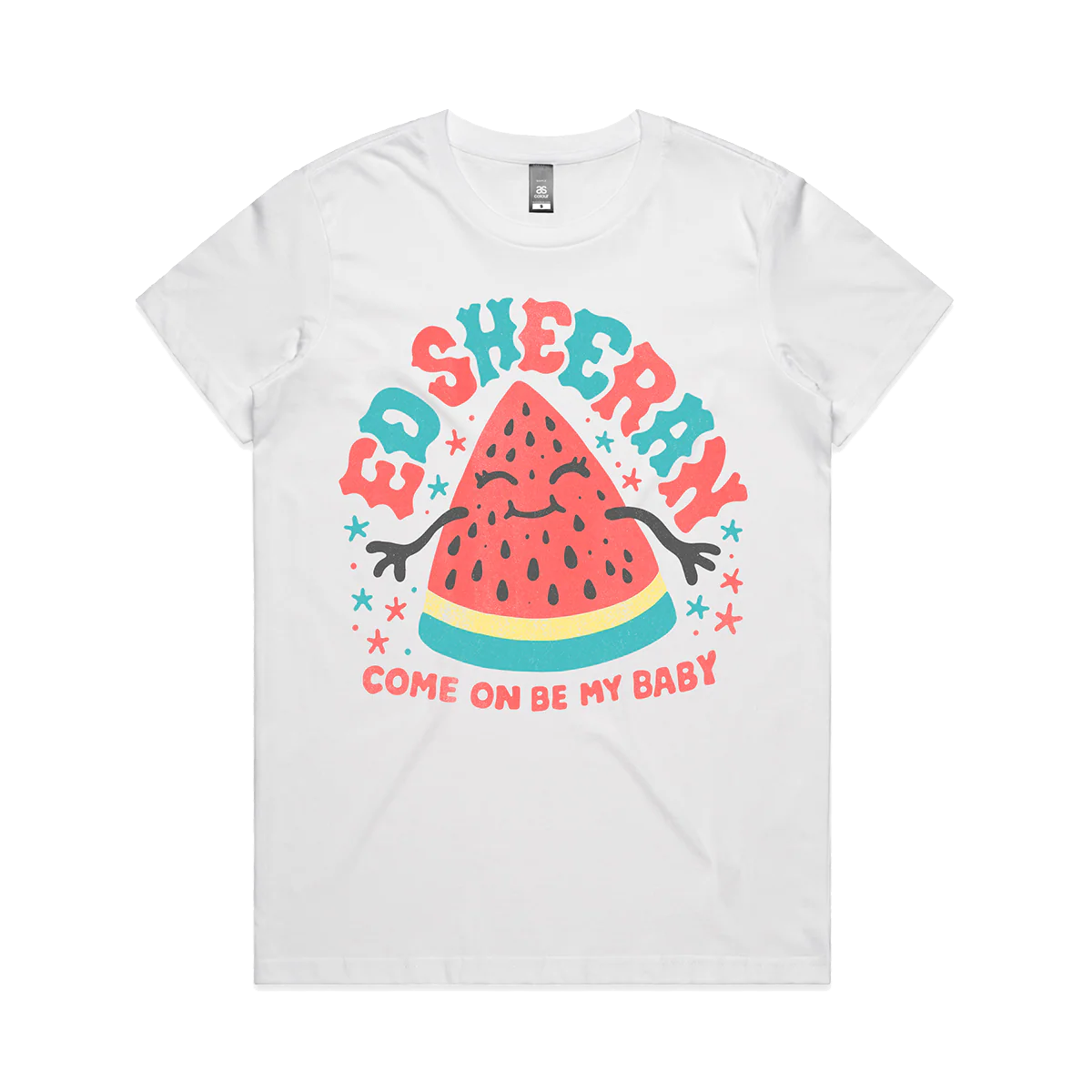 "Ed Sheeran white graphic t-shirt with watermelon illustration and lyric text"