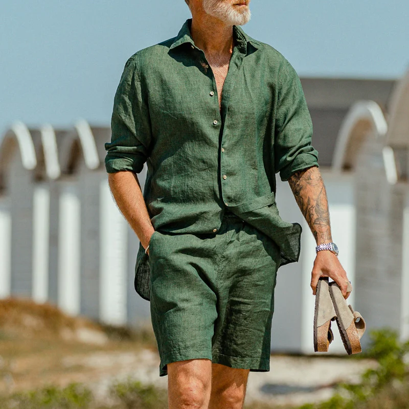 Vacation Linen Lapel Long Sleeve Green Shirt Shorts Two Piece Set