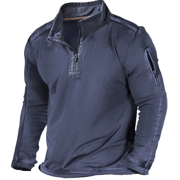 Outdoor Solid Color Sleeve Zipper POLO T Shirt