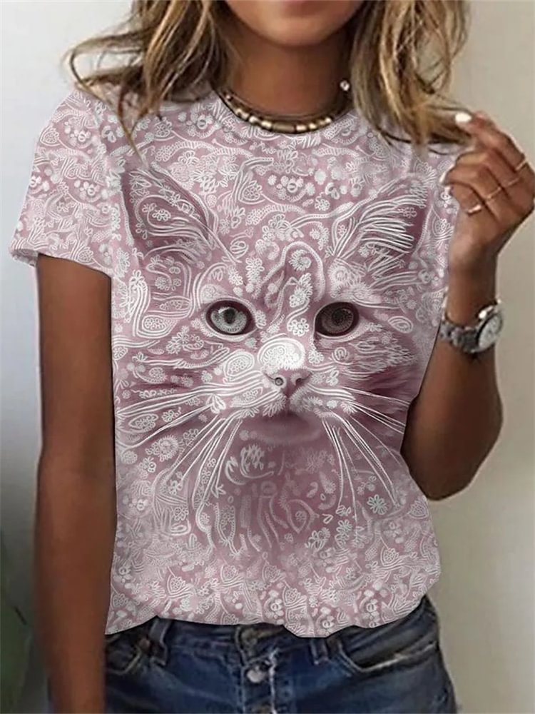 Cat Face Floral Graphic T Shirt