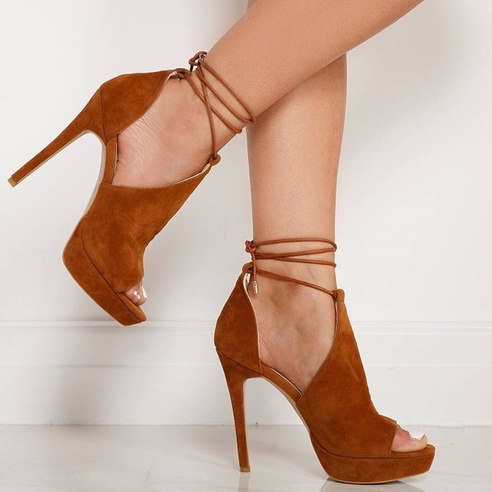 Women's Tan Platform Sandals Strappy Heels Suede Stiletto Heels Shoes |FSJ Shoes