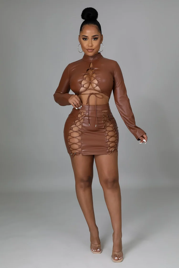 Faux Leather Two Piece Set Lace Up Skirt Set