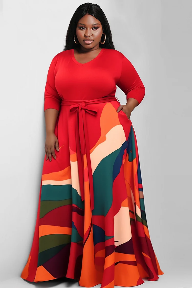 Plus Size Casual Dress Red All Over Print Round-Neck Knitted Maxi Dress With Pocket [Pre-Order]