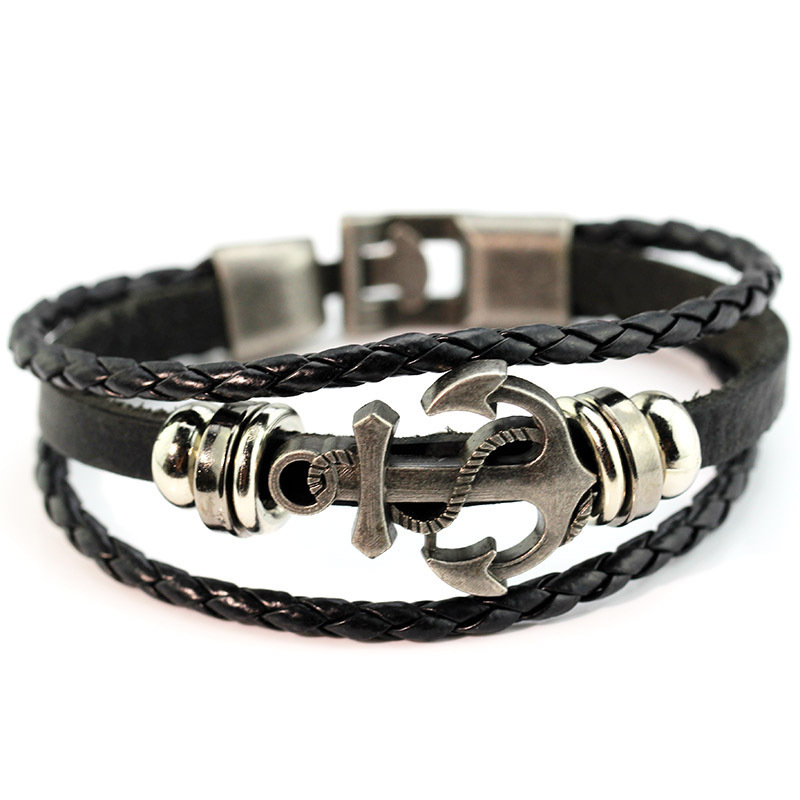 Cross-border Foreign Trade Wish Fashion Anchor Leather Bracelet European And American Hand-woven Multi-layer Men's Hand Rope Retro Bracelet