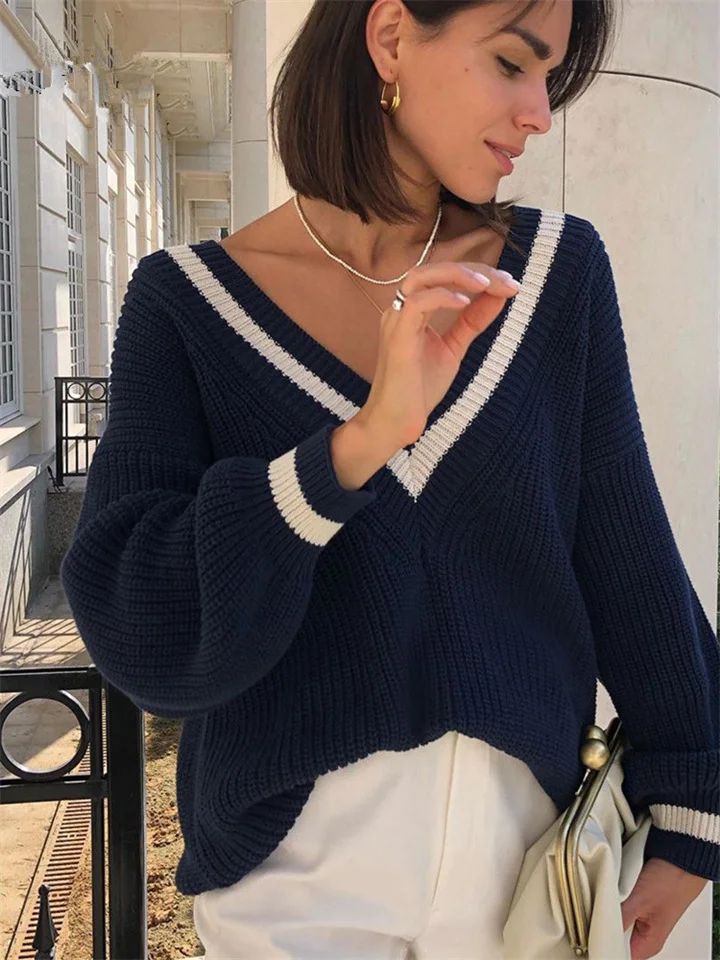 V-neck Casual Splice Contrast Loose Long Sleeve Sweater