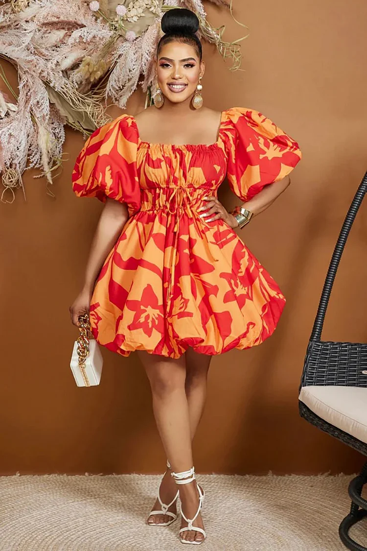 Floral Print Puff Sleeve Ruched Tie Up A-Line Puffy Hem Vacation Mini Dresses