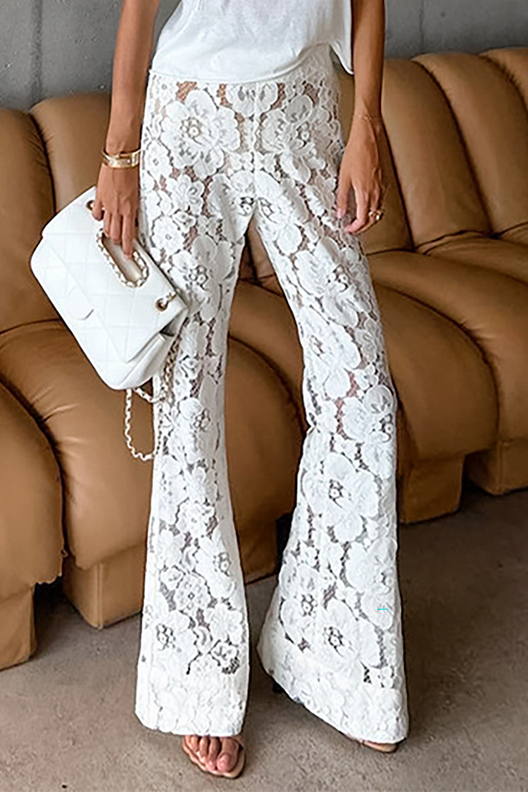 Floral Jacquard Lace Flare Pants-White
