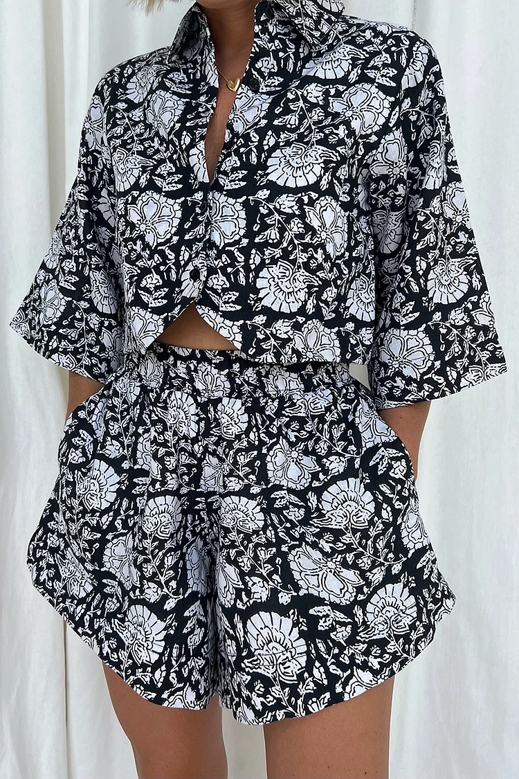 Button Up Short Sleeve Irregular Hem Blouse Casual Shorts Floral Printed Linen Matching Set [Pre Order]