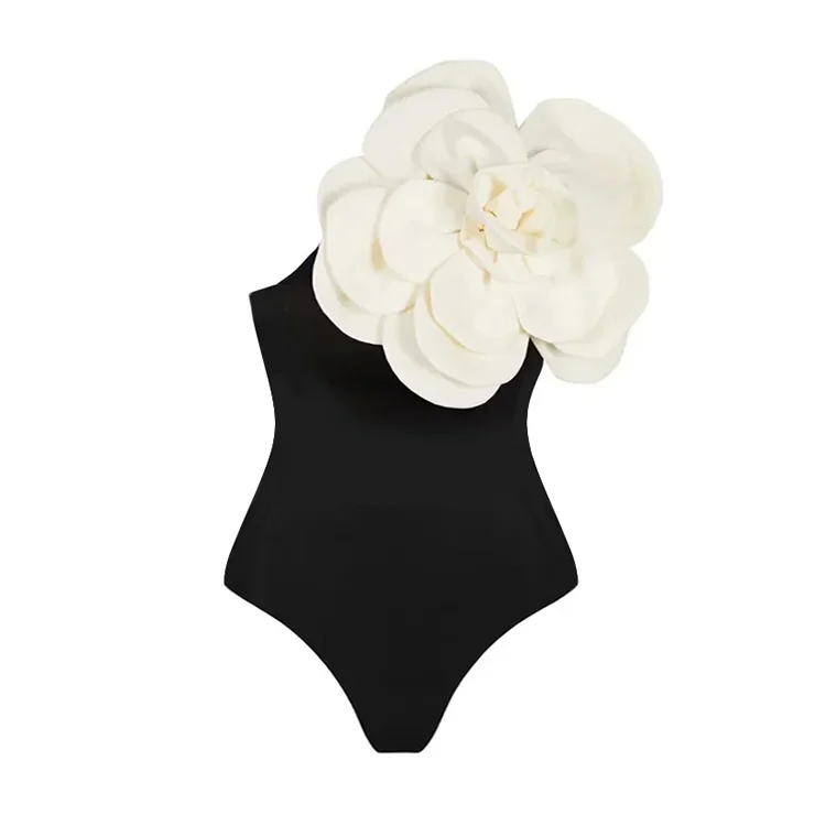 Plus Size 3D Flower One Shoulder One Piece Swimsuit and Skirt Flaxmaker