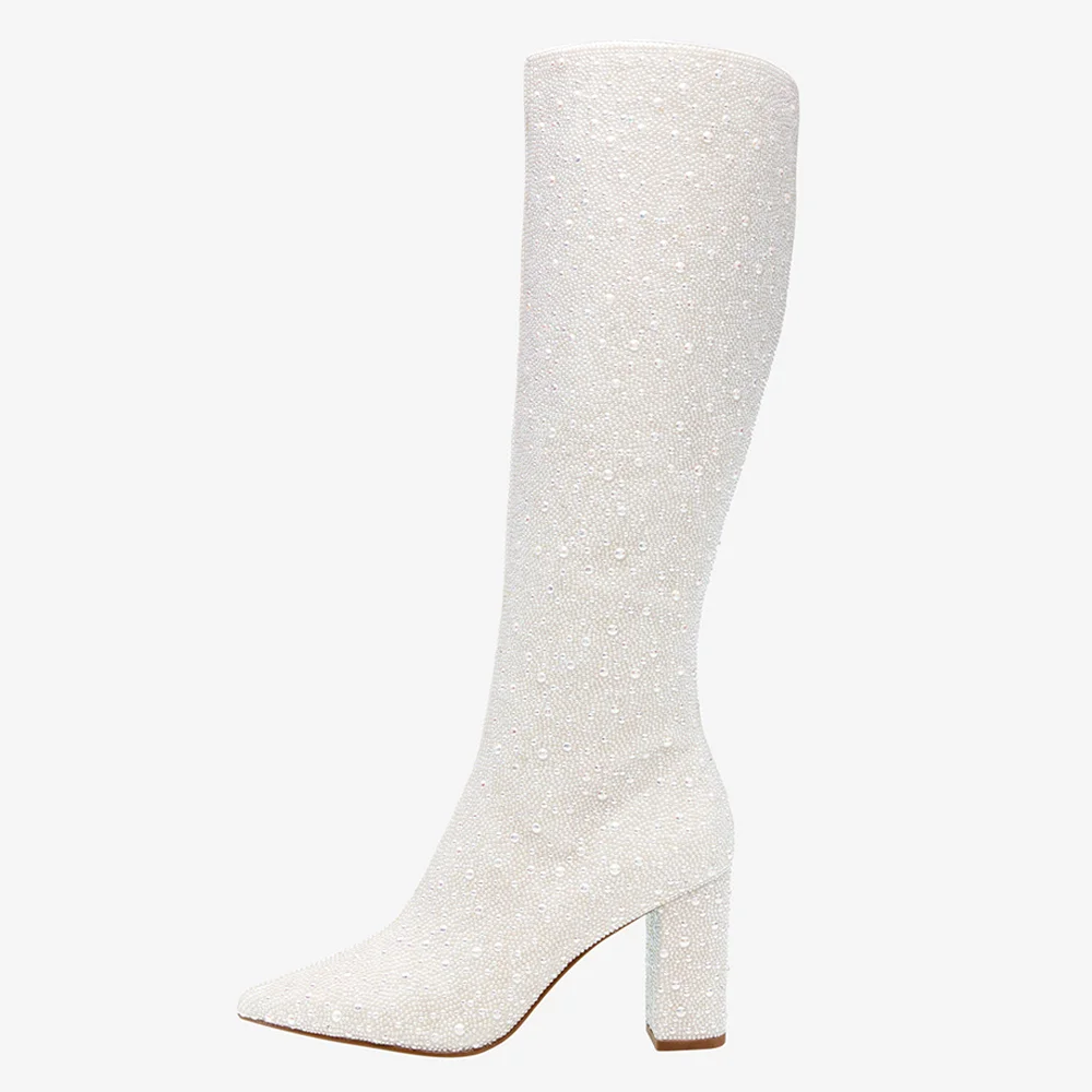 Full White Pointed Toe Chunky Heel Pearl Decor Knee High Boots Nicepairs
