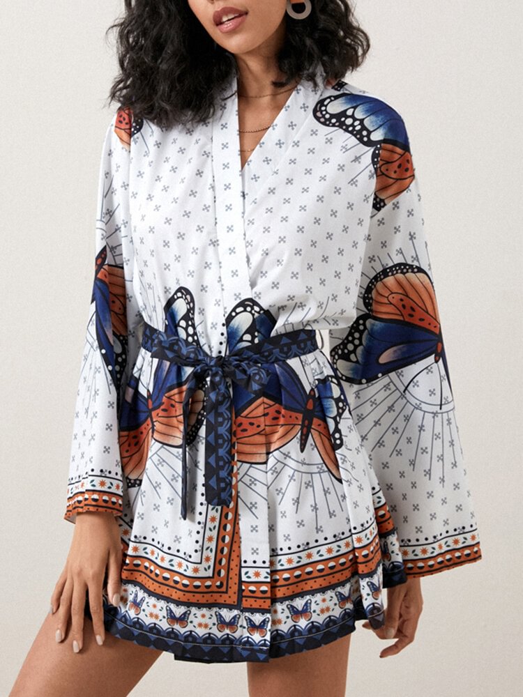 Butterfly Print Long Sleeve Wrap V-neck Dress With Belt