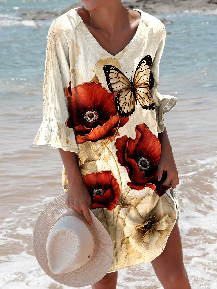 Women's Vintage Poppy Flower Art Print Ruffled Dress
