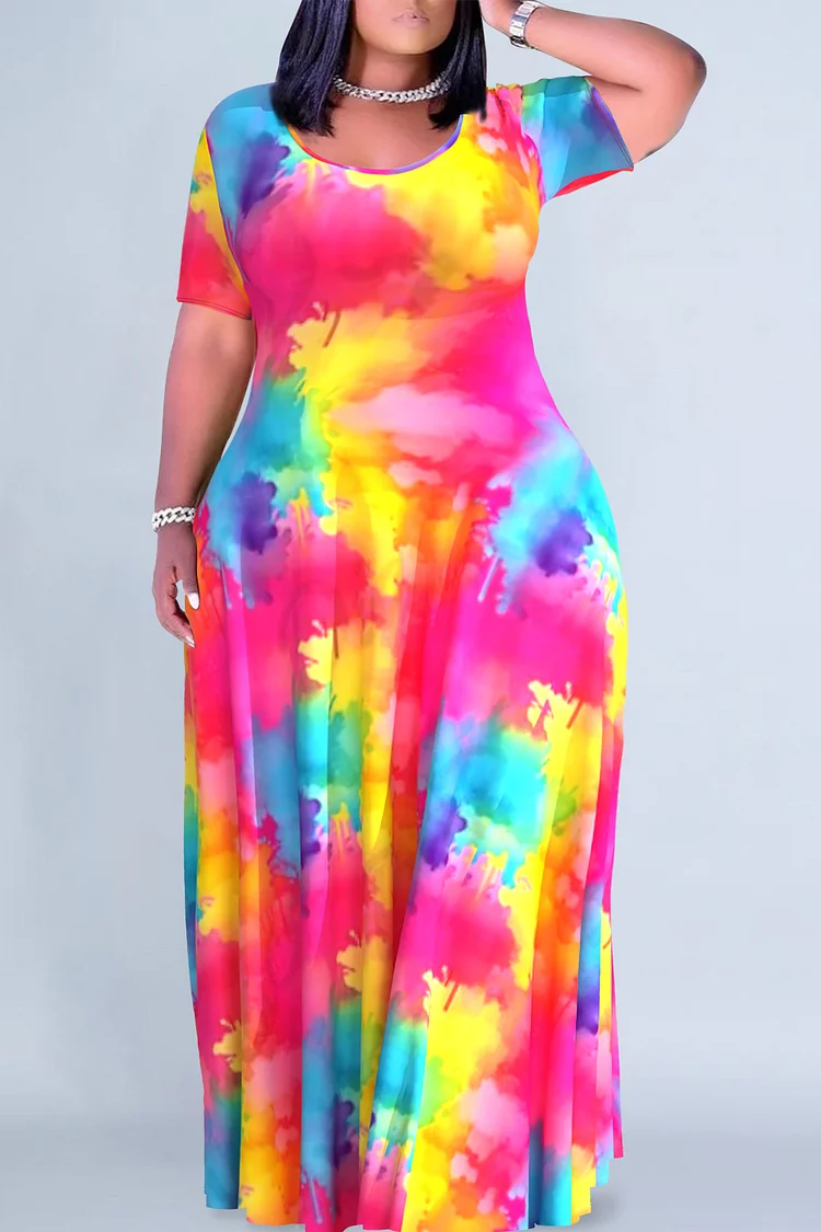 Plus Size Casual Multicolor Tie Dye Print Round Neck Short Sleeve Maxi Dresses