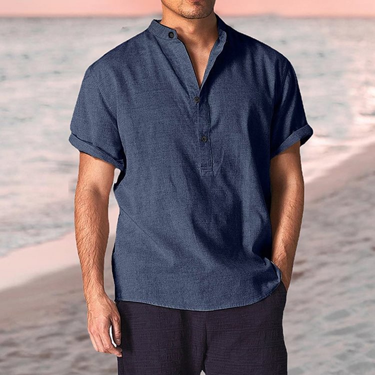 Men's Linen Loose Stand Collar Versatile Short Sleeve Henley Shirt