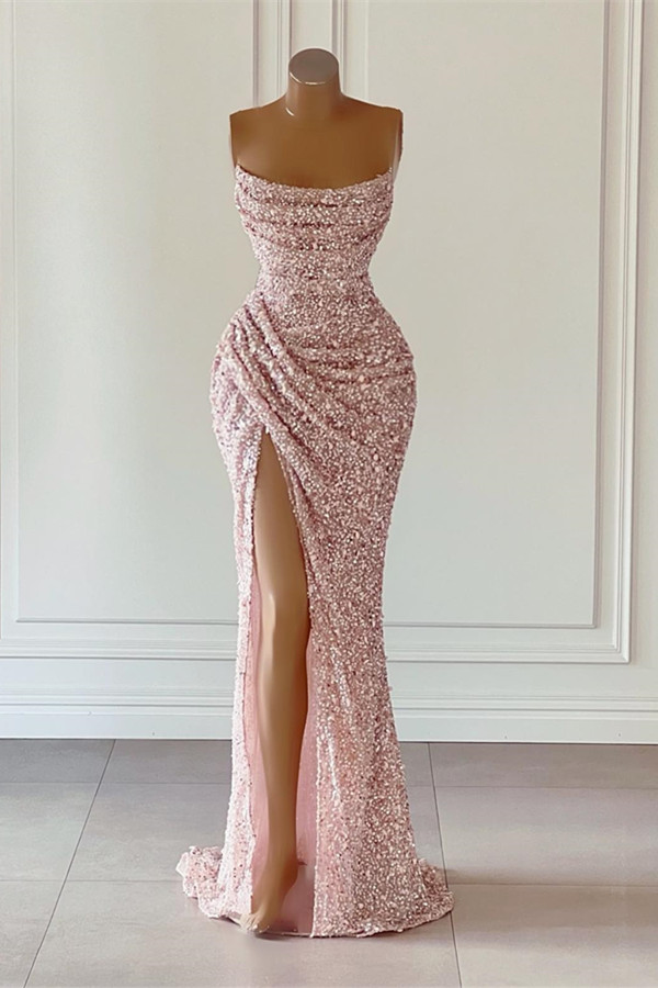 Dresseswow Strapless Sequins Mermaid Evening Dress Long With Slit