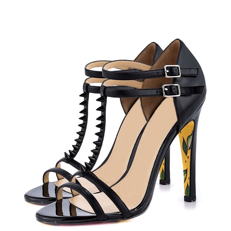 Black Rivets T-Strap Sandals Peep Toe Slingback Heels for Women |FSJ Shoes