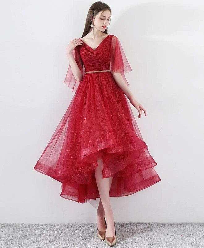 Burgundy Tulle High Low Prom Dress, Burgundy Tulle Evening Dress