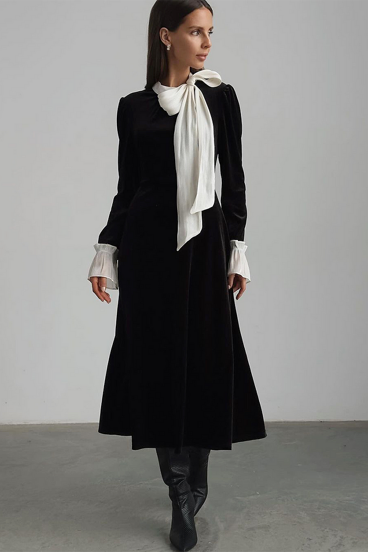 Bow Neckline Flared Sleeve A-Line Velvet Midi Dresses-Black