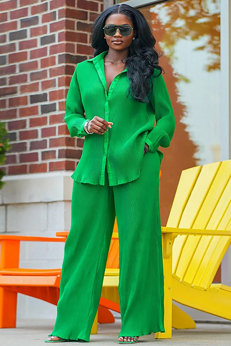 Button Up Long Sleeve Blouse Wide Leg Pocket Pants Matching Set
