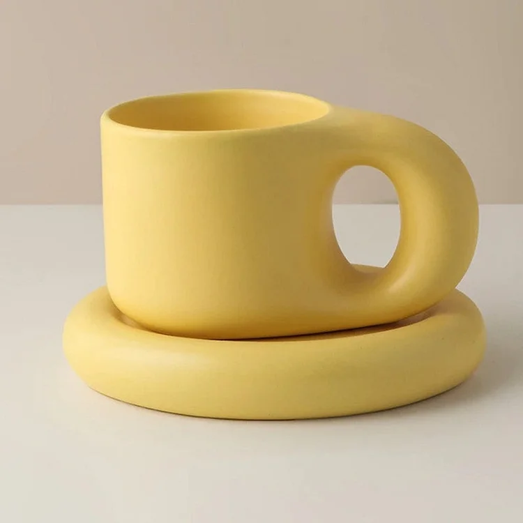 Handmade Ceramic Chubby Coffee Tea Mug With Saucer - Teacup and Saucer Set - Appledas