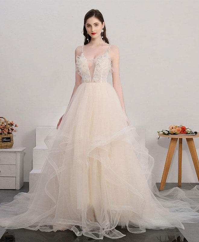 Champagne Tulle Lace Long Prom Dress, Champagne Tulle Evening Dress