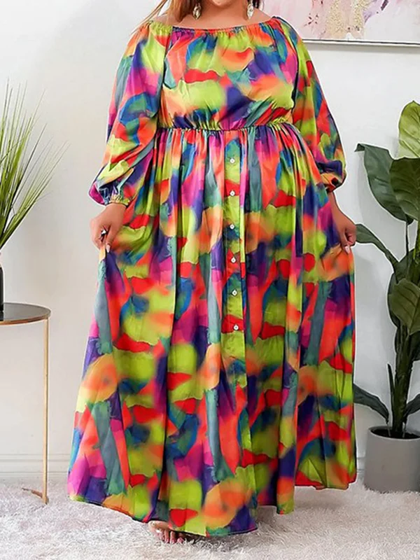 Buttoned Contrast Color Elasticity Printed Long Sleeves Loose Round-Neck Midi Dresses