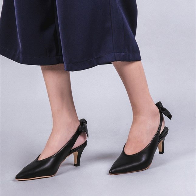 Black Slingback Heels Pointy Toe Cone Heel Pumps with Bow |FSJ Shoes