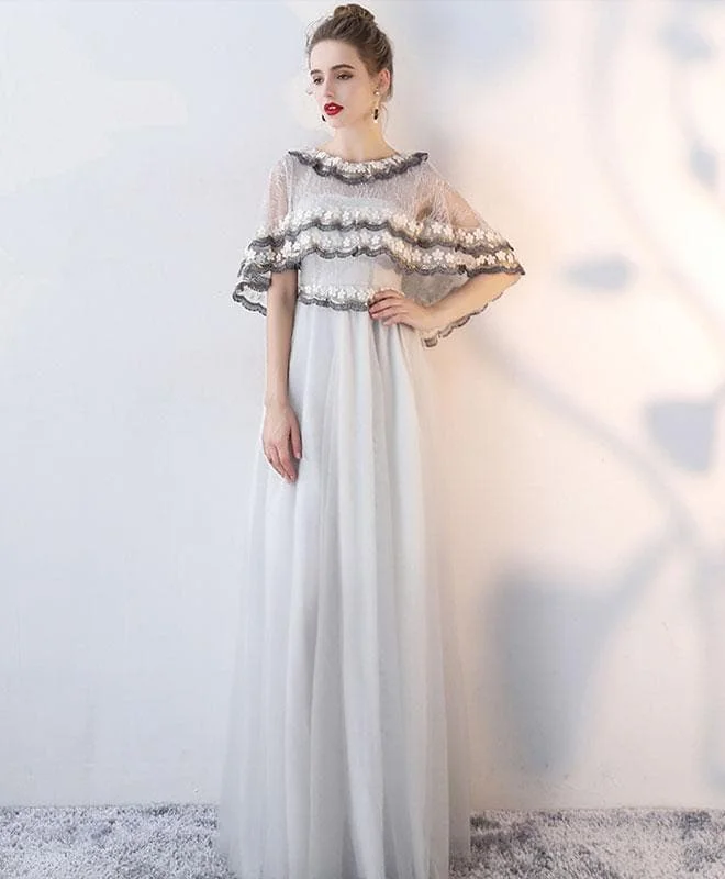 Gray Tulle Lace Long Prom Dress, Gray Evening Dresses