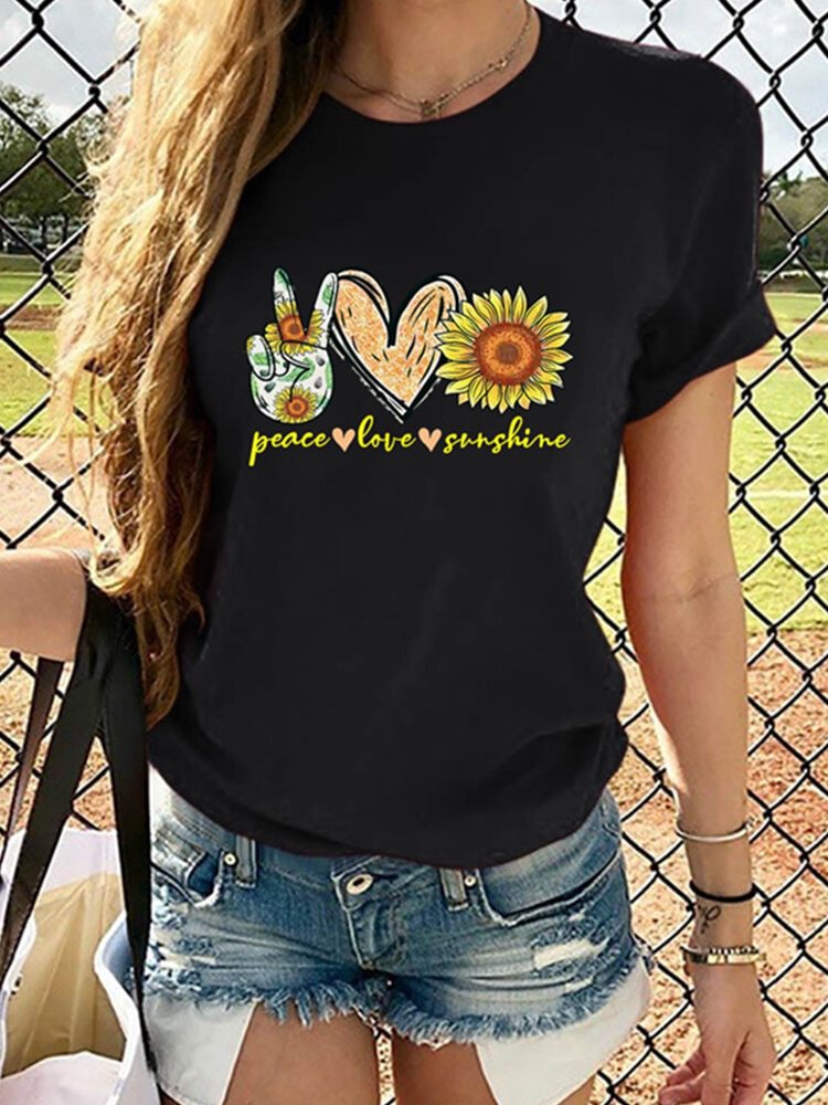 Letter Flower Heart Print Short Sleeve T shirt For Women P1671233