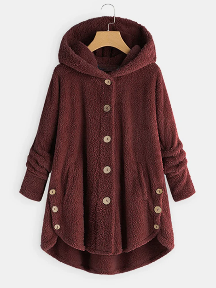 Women Solid Color Button Pocket Loose Plush Casual Coat