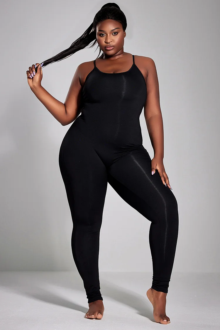 Xpluswear Design Plus Size Casual Jumpsuit Black U-Neck Sleeveless Knitted Jumpsuit 