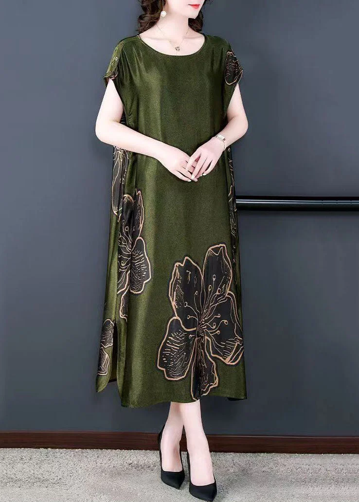 Simple Green O Neck Print Patchwork Silk Long Dresses Summer