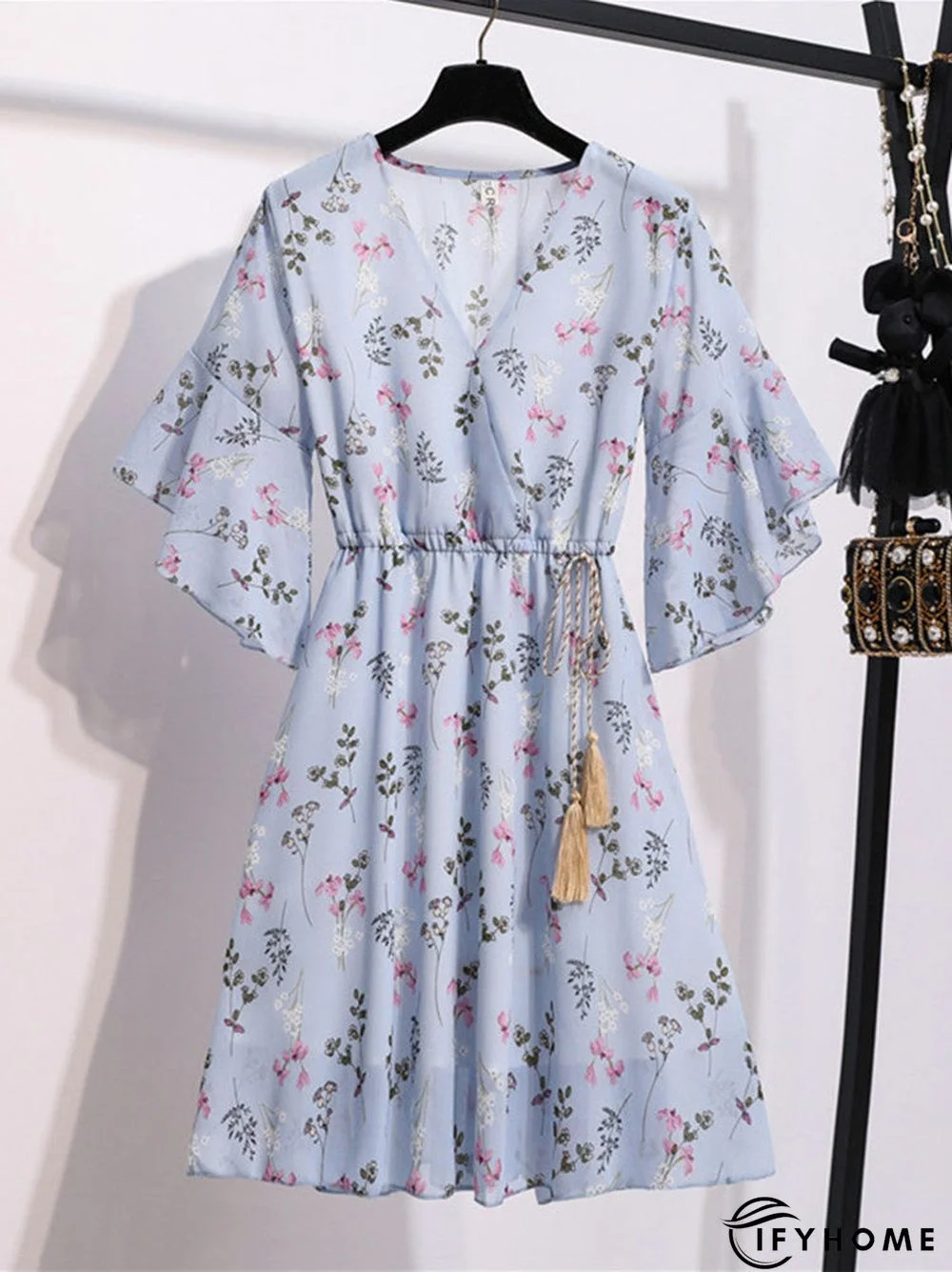 Spring Summer Chiffon Women V-Neck Floral Print Short Dresses Sweet Ruffle Sleeeve Slim Drawstring Ladies Dress | IFYHOME
