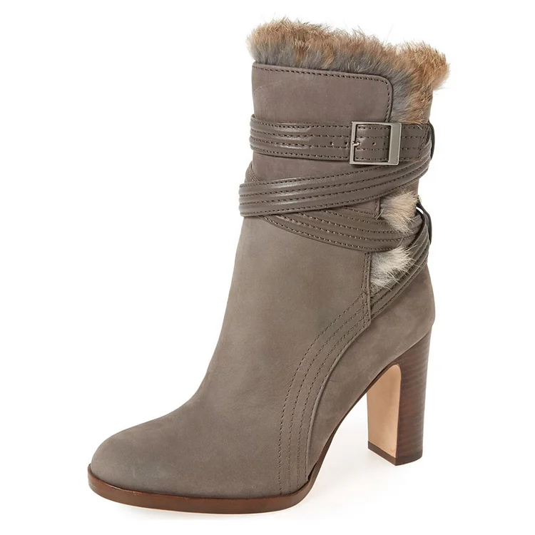 Grey Round Toe Block Heel Booties Strappy Faux Fur Winter Boots |FSJ Shoes