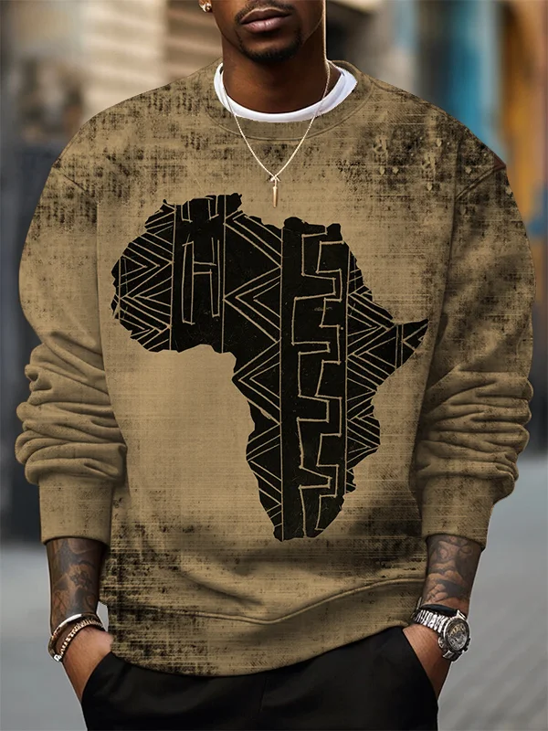 Men's Vintage Africa Map Line Art Print Casual Sweatshirt