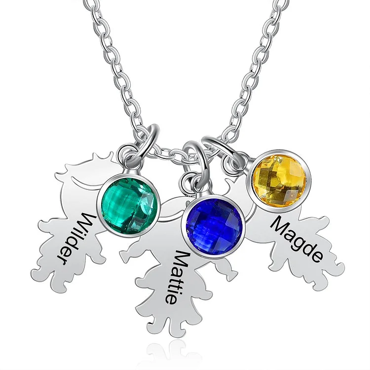 Birthstone Mother Necklace with Kid Charms and Engraved 3 Names