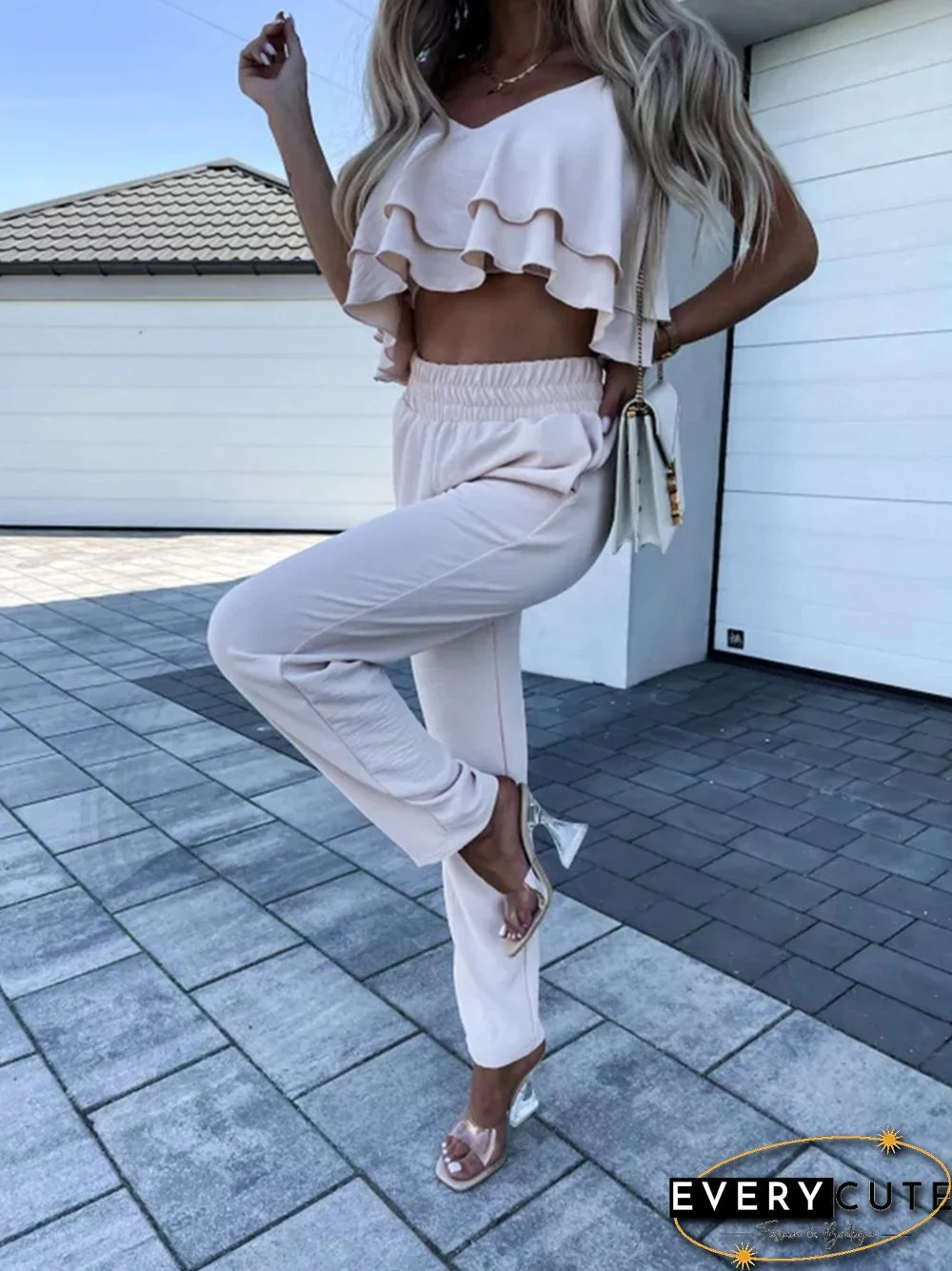 Sexy Suspenders Crop Top + Harem Pants Casual Two Piece Sets Fashion Club Ruffled Solid Suit Summer Pocket Elastic Waist Outfit