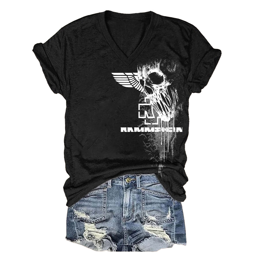 Women's Rammstein Rock Band Skull Print Short Sleeve V-Neck T-Shirt / TECHWEAR CLUB / Techwear