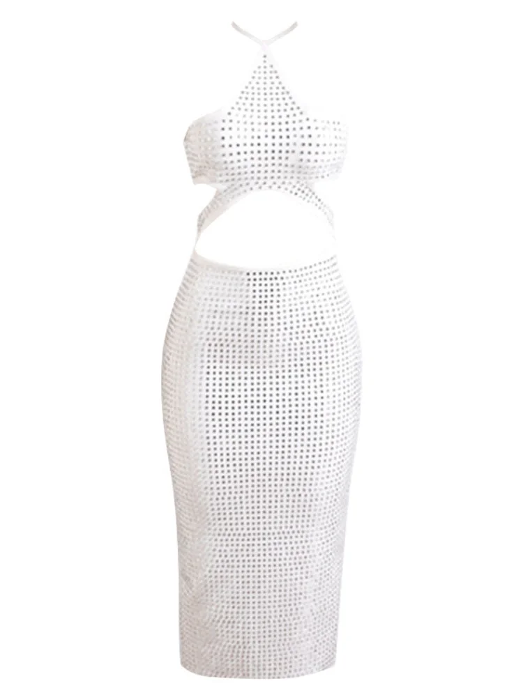 ABEBEY-White Halter Diamond Setting Bandage Dress